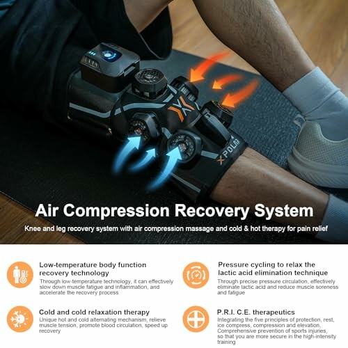 Air compression recovery system for knee and leg with massage and cold therapy.