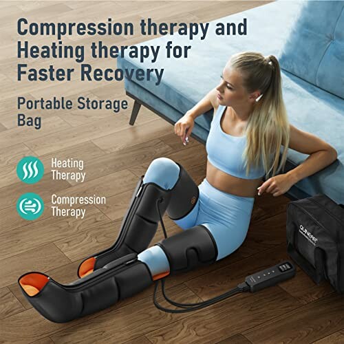 Person using compression and heating therapy device for leg recovery.