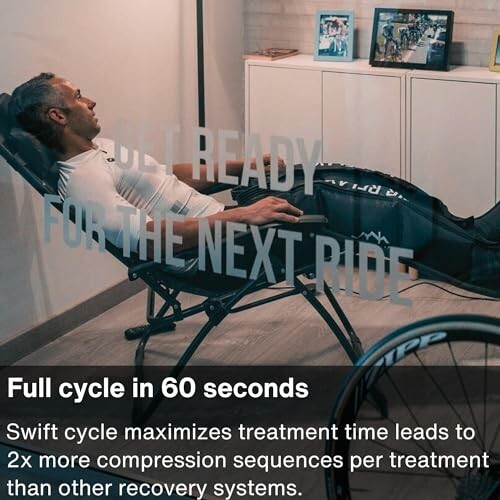 Person using compression therapy device in a recliner.
