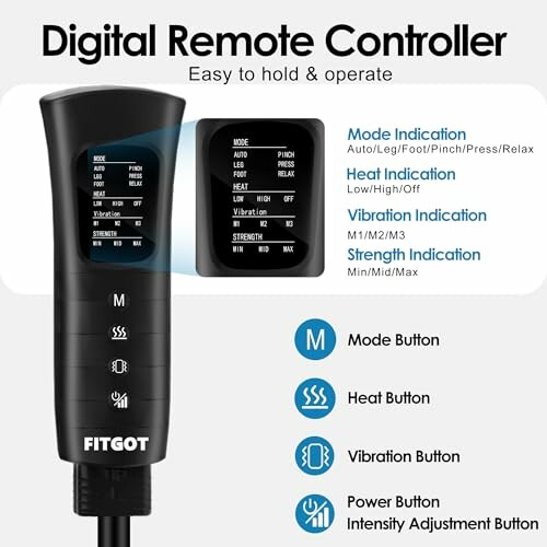 Digital remote controller with mode, heat, vibration, and strength indications.