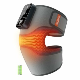 Heated knee wrap with control panel and battery indicator.