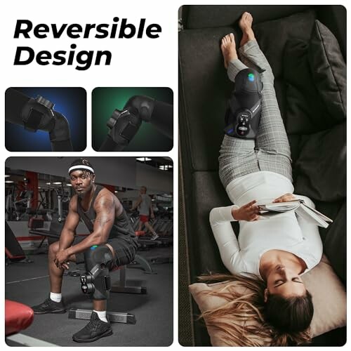 Man in gym and woman at home using reversible knee brace