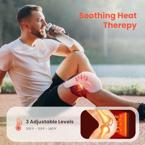 Man using knee heat therapy device while sitting outdoors and drinking water.