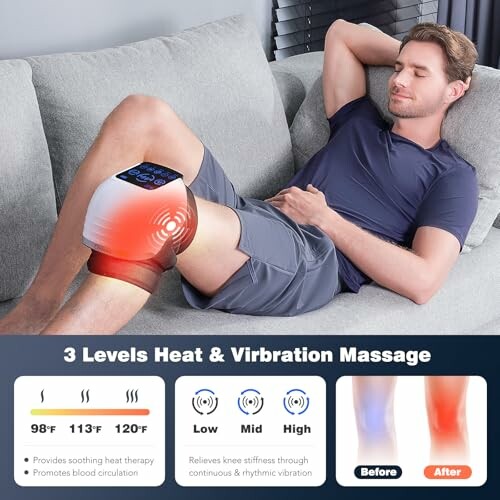 Man using a knee heat and vibration massage device on his knee.
