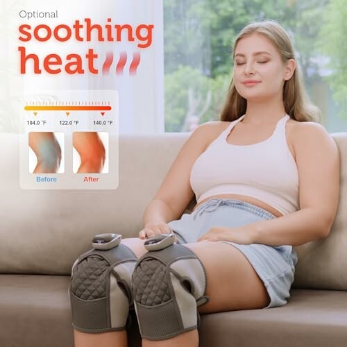 Woman using knee heating pads for soothing relief on a couch.