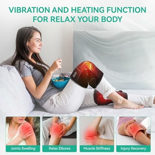Woman using a knee and leg massager with vibration and heating function for relaxation.