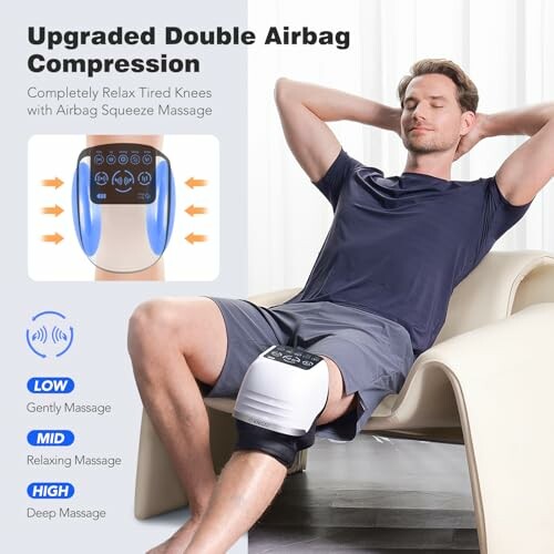Man using knee massage device with double airbag compression.