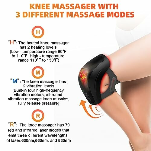 Knee massager with heat, vibration, and infrared laser modes.