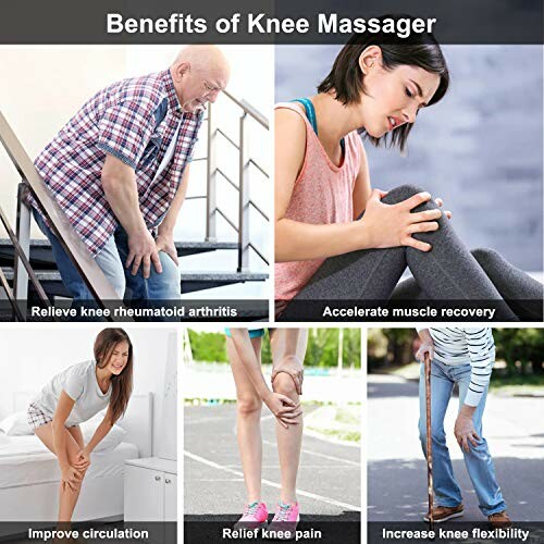 Collage showing benefits of knee massager for pain relief and muscle recovery.