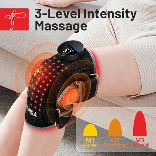 Knee massager with three intensity levels on a person's knee.