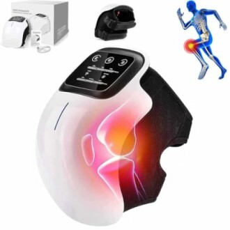 Knee massager device with heat and vibration therapy.