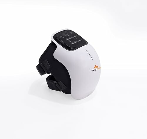 Knee massager device with digital display and adjustable straps.