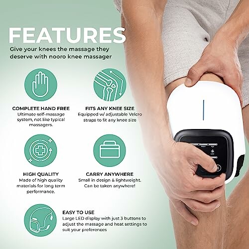 Features of a knee massager with benefits and usage details.