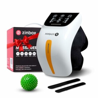 Knee massager with control panel, box, spiky massage ball, and straps.