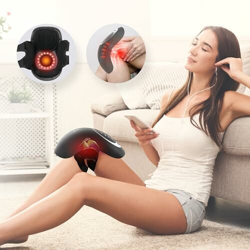 Woman using a knee massager while listening to music.