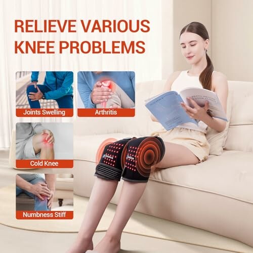 Woman using knee pain relief device with various benefits highlighted.