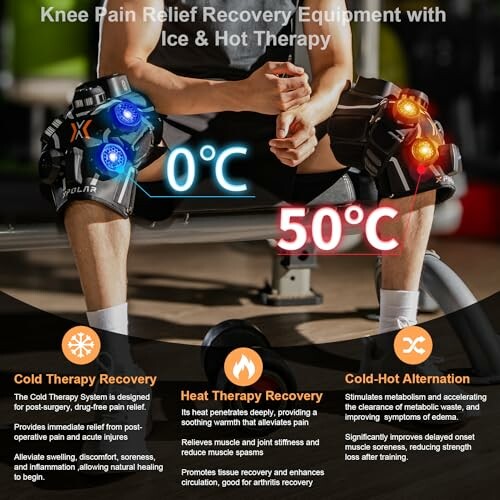 Knee pain relief equipment with ice and hot therapy in use.