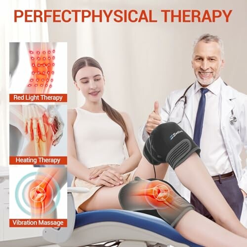 Doctor and patient using knee therapy device with red light, heating, and vibration massage.