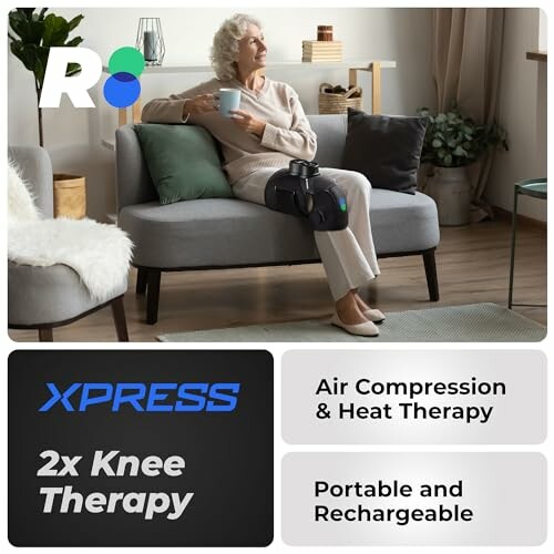 Woman using knee therapy device on couch with text about air compression and heat therapy.