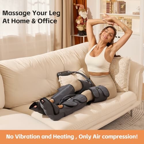 The SHINE WELL Leg Compression Massager with a woman using it on her couch.