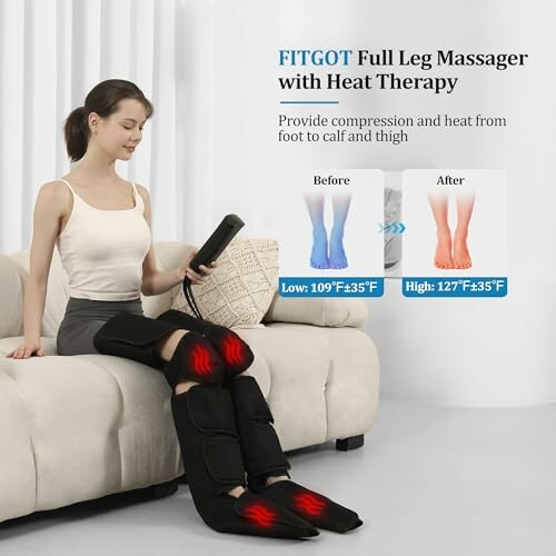Woman using FITGOT leg massager with heat therapy on couch.