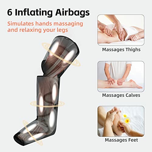 A leg massager with 6 inflating airbags for thighs, calves, and feet.