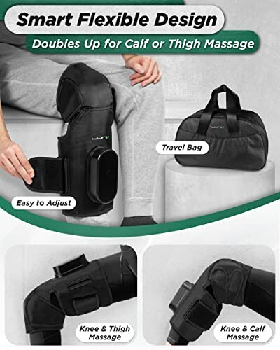 Leg massager with smart flexible design and travel bag.