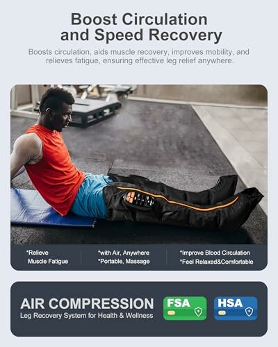 Man using leg recovery air compression system for muscle recovery.