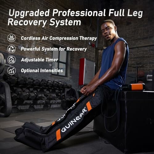 Man using professional full leg recovery system in gym.