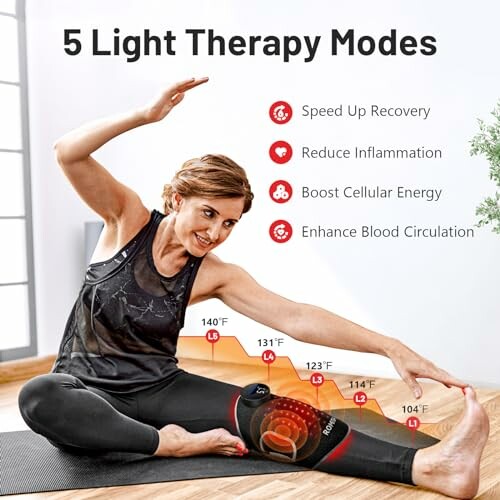 Woman using light therapy device on leg while stretching, highlighting 5 light therapy modes.