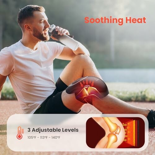 Man using knee heating pad with adjustable levels outdoors.