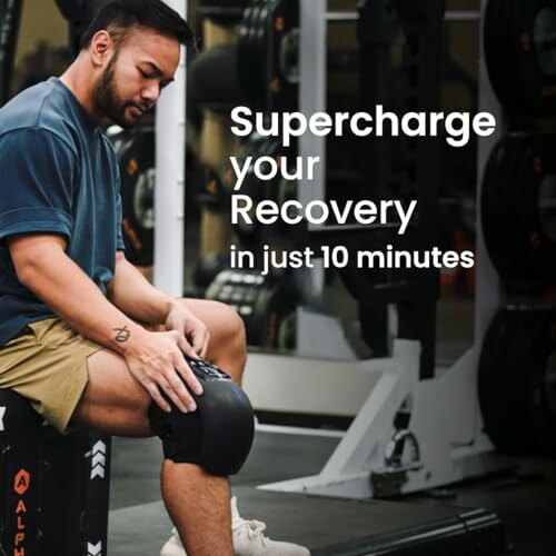 Man using knee massage device in gym setting with text: 'Supercharge your recovery in just 10 minutes.'