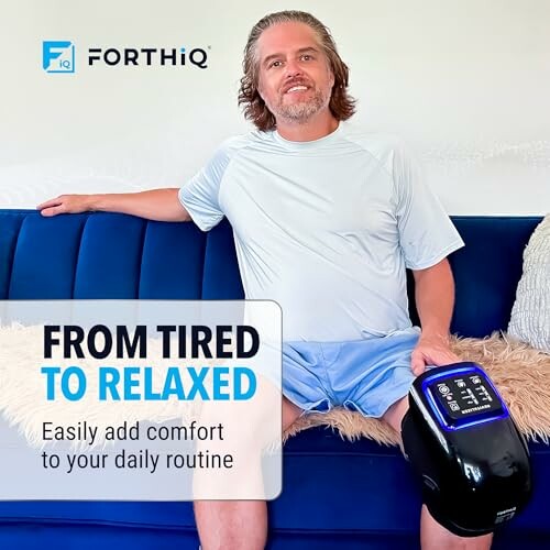 Man using massage device on couch with text 'From Tired to Relaxed'.
