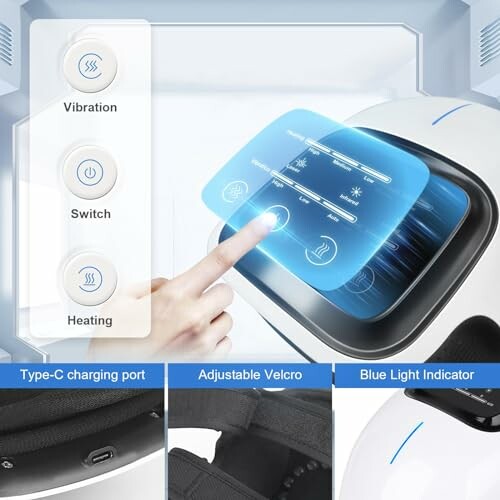 User interacting with a massage device interface showing vibration, switch, and heating options.