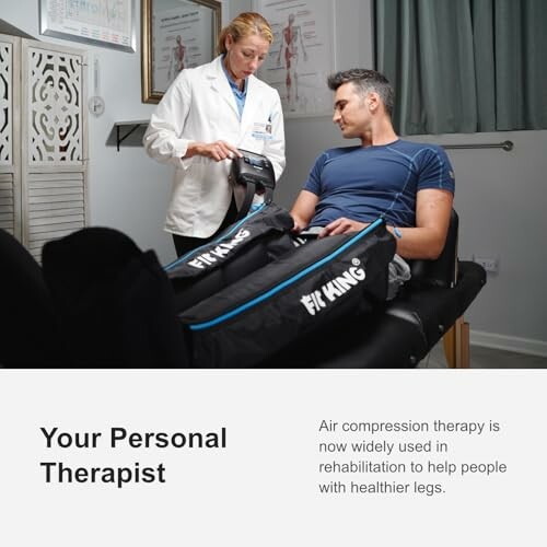 Man receiving air compression therapy from a therapist.