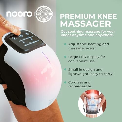 Premium knee massager with adjustable heating and massage levels, featuring a large LED display.