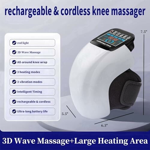 Rechargeable cordless knee massager with features and dimensions.