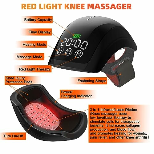 Red light knee massager with display and various features highlighted.