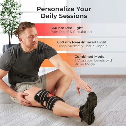 Man using red light therapy device on knee with description of light settings.