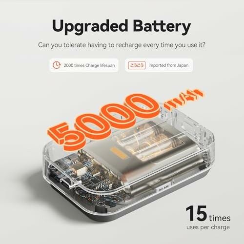 Transparent battery pack with 5000 mAh capacity, highlighting upgrade features.