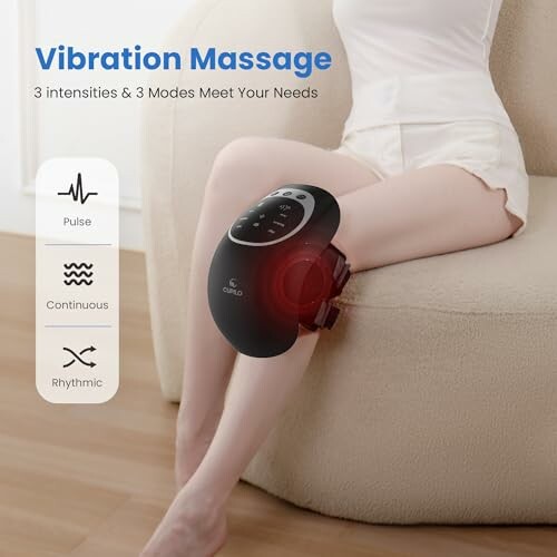Person using a vibration massage device on their leg with intensity settings.