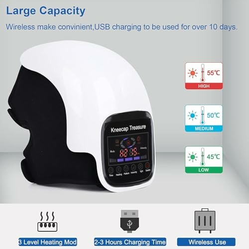 Wireless kneecap massager with temperature settings and charging info.