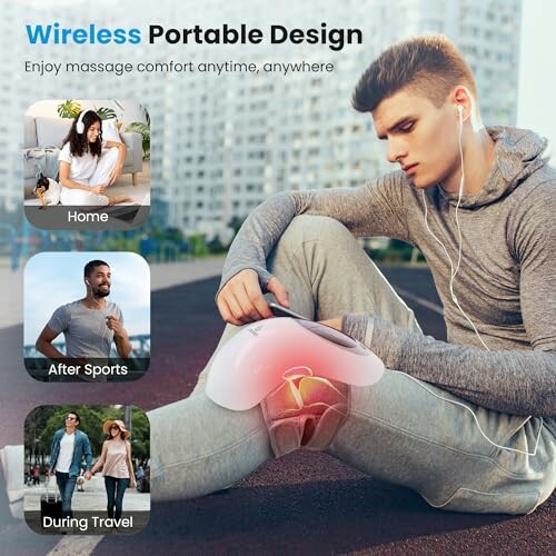 Man using wireless portable massager outdoors with images of home, after sports, and during travel.
